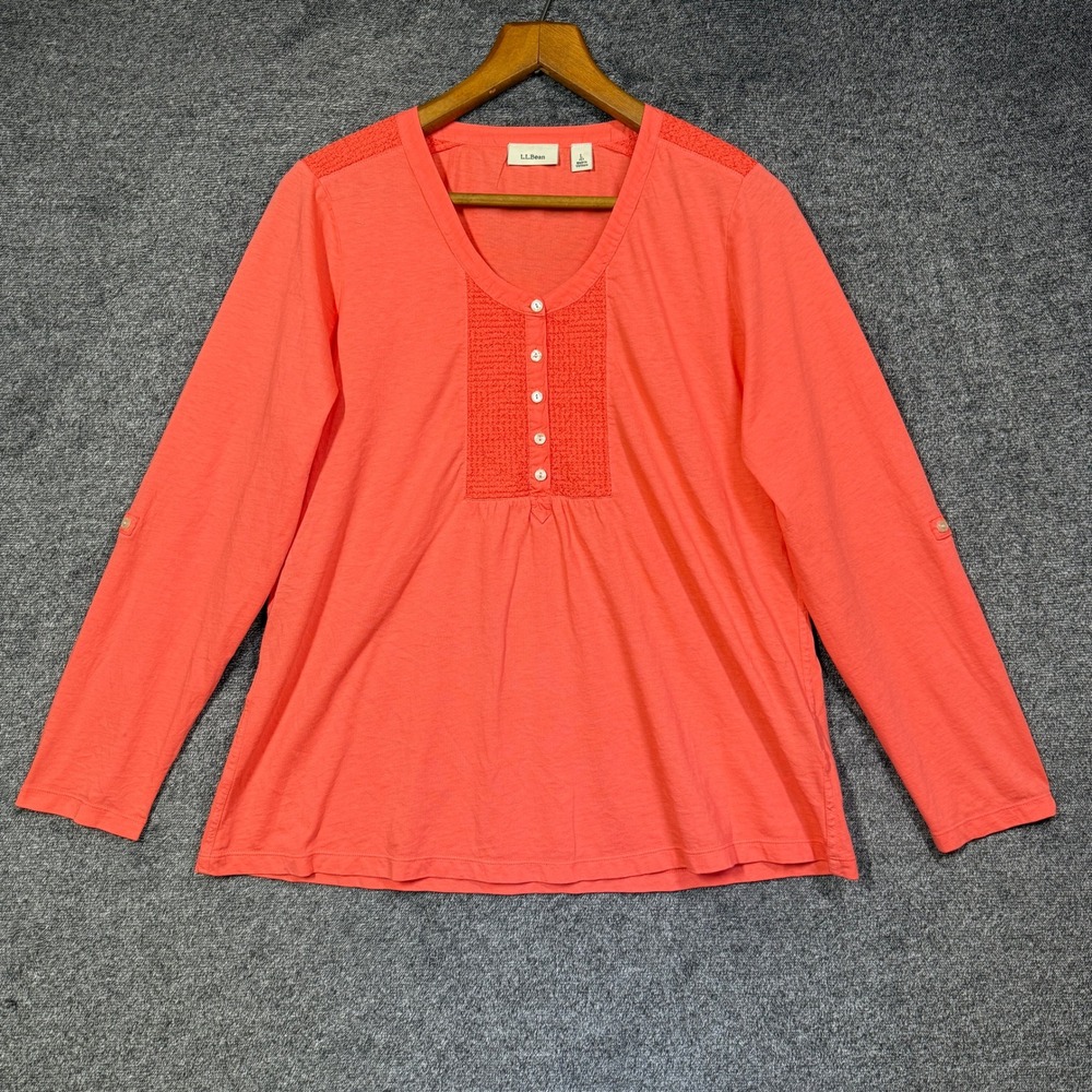 LL Bean Top‎ Womens Large Petite Coral Cotton Henley Roll Tab Sleeve